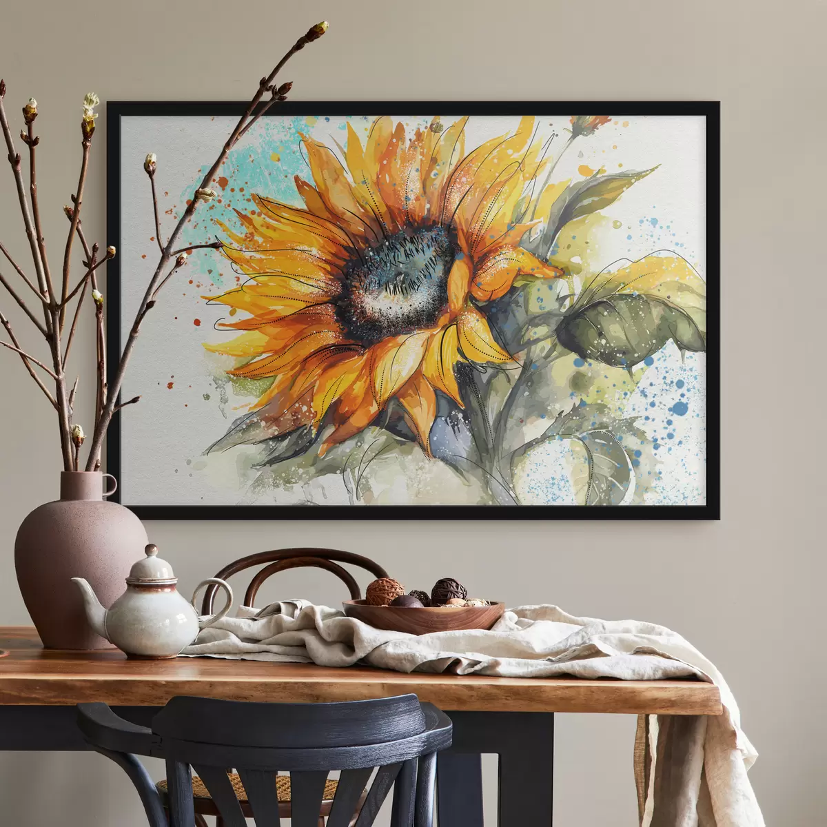 Poster Aquarell-Sonnenblume mit Farbspritzern f39583