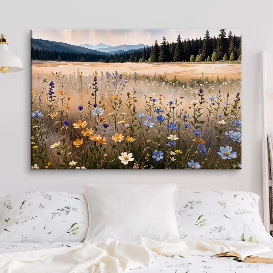 Wandbilder Ein Feld mit bunten Wildblumen im Vordergrund, mit einem See und Bergen im Hintergrund s39502