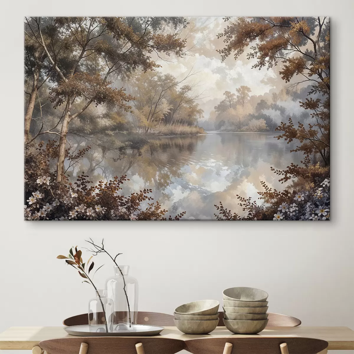 Wandbilder Herbstlandschaft mit einem ruhigen See, umgeben von Bäumen mit leuchtend orangefarbenem und gelbem Laub s39511