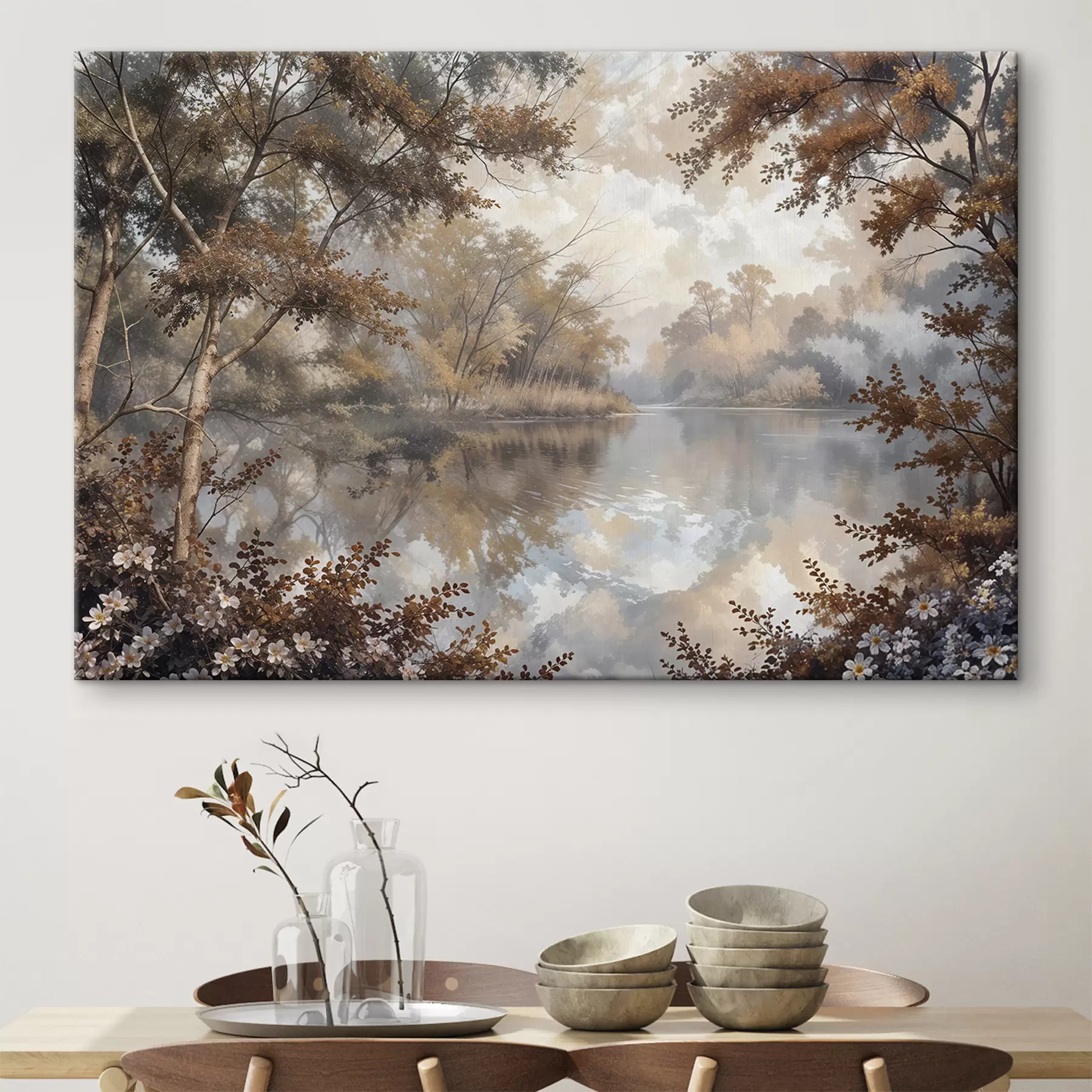 Fototapete Herbstlandschaft mit einem ruhigen See, umgeben von Bäumen mit leuchtend orangefarbenem und gelbem Laub s39511