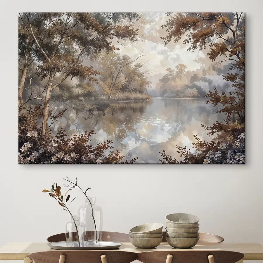 Wandbilder Herbstlandschaft mit einem ruhigen See, umgeben von Bäumen mit leuchtend orangefarbenem und gelbem Laub s39511