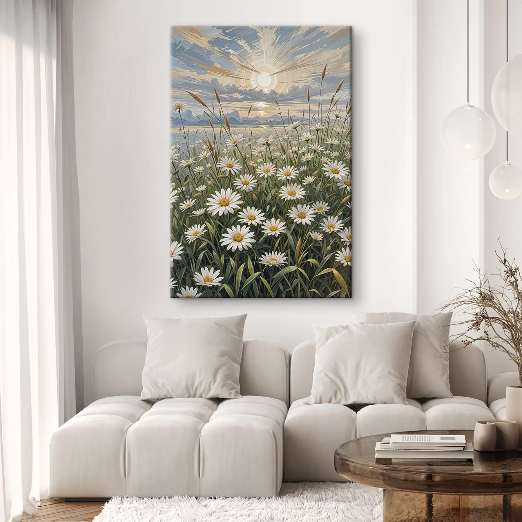 Fototapete Ein Feld mit weißen Gänseblümchen im Vordergrund mit einer Berglandschaft und einem bewölkten Himmel s39528