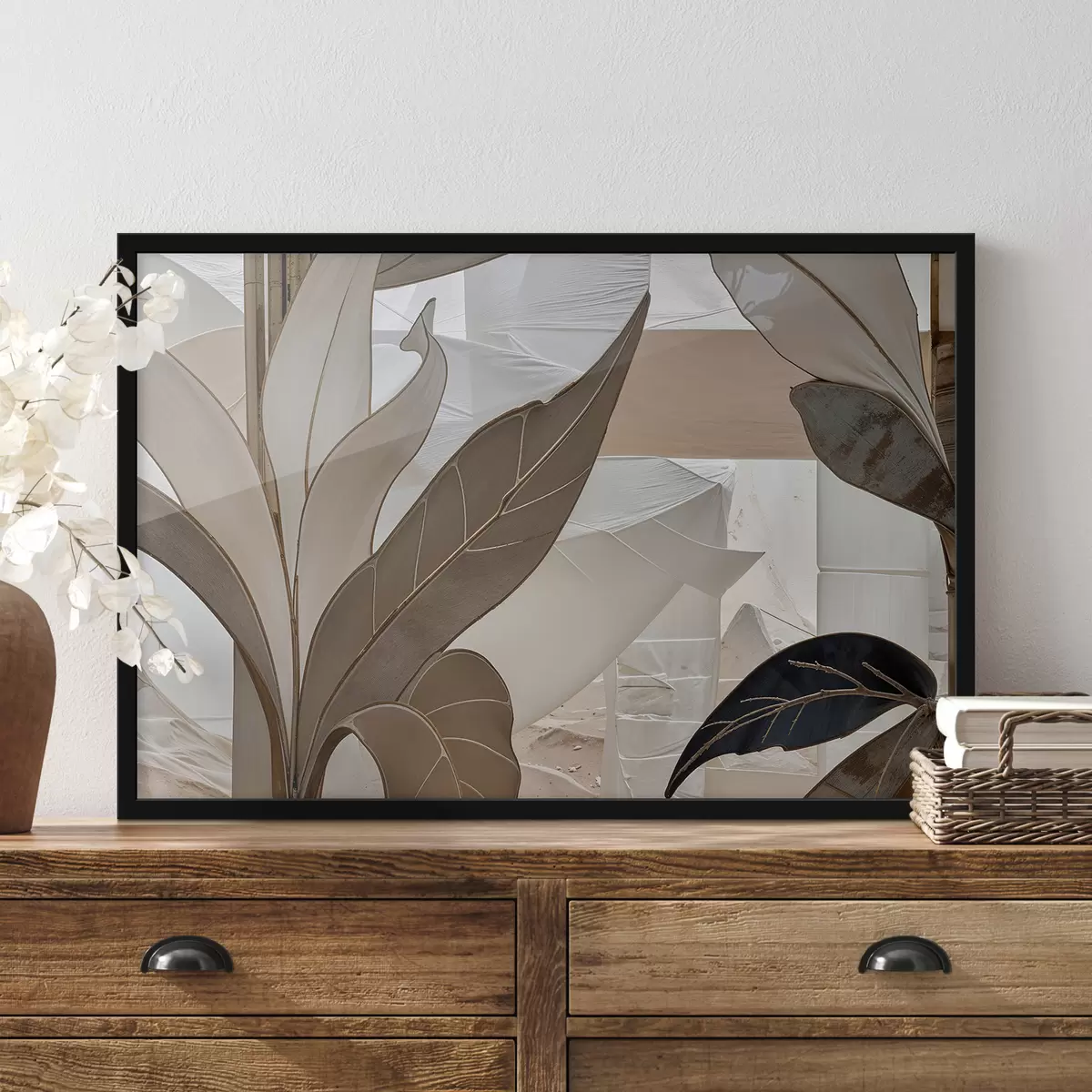 Poster Eine Nahaufnahme eines abstrakten geometrischen Musters mit überlappenden Formen und Texturen in Beigetönen f39498