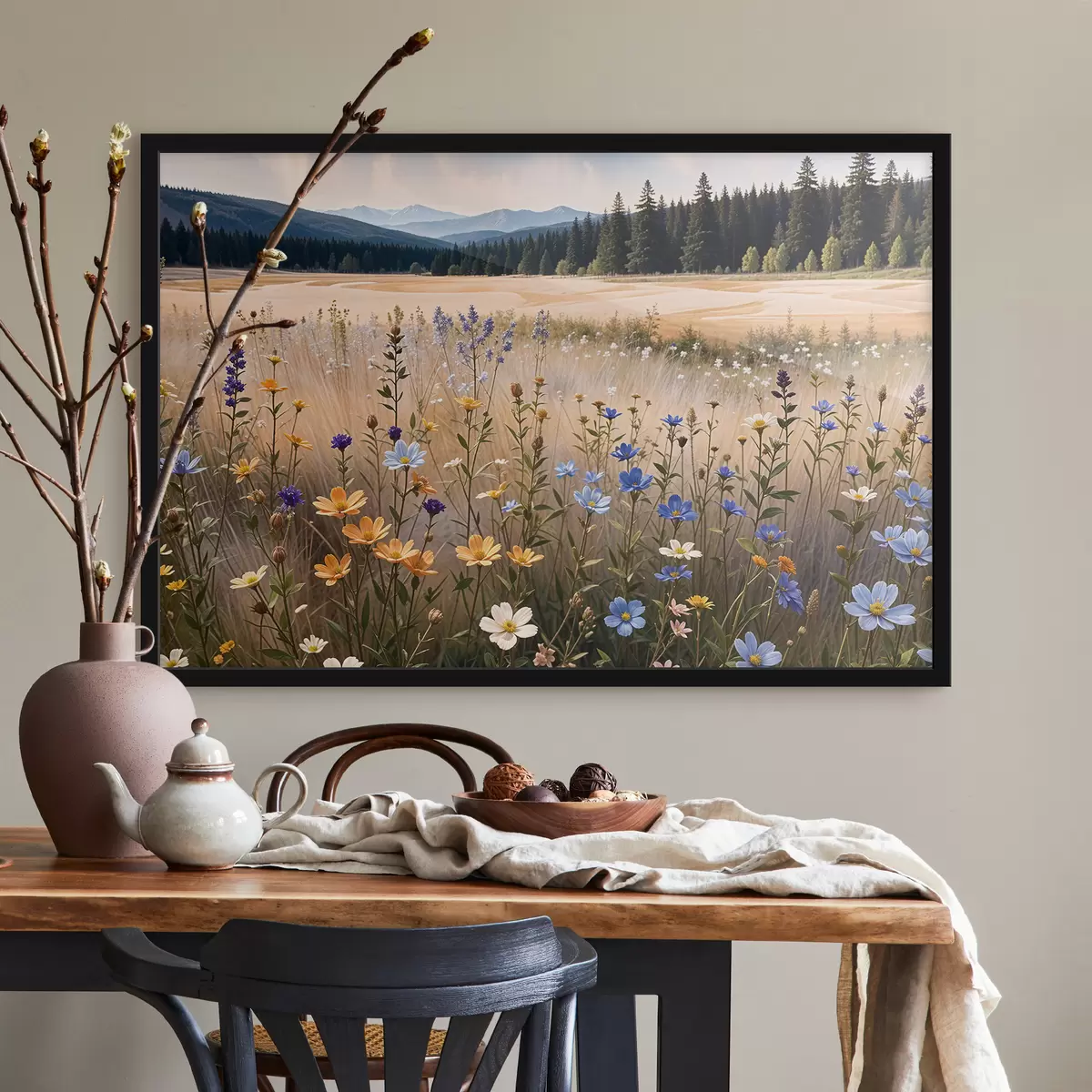 Poster Ein Feld mit bunten Wildblumen im Vordergrund, mit einem See und Bergen im Hintergrund f39502