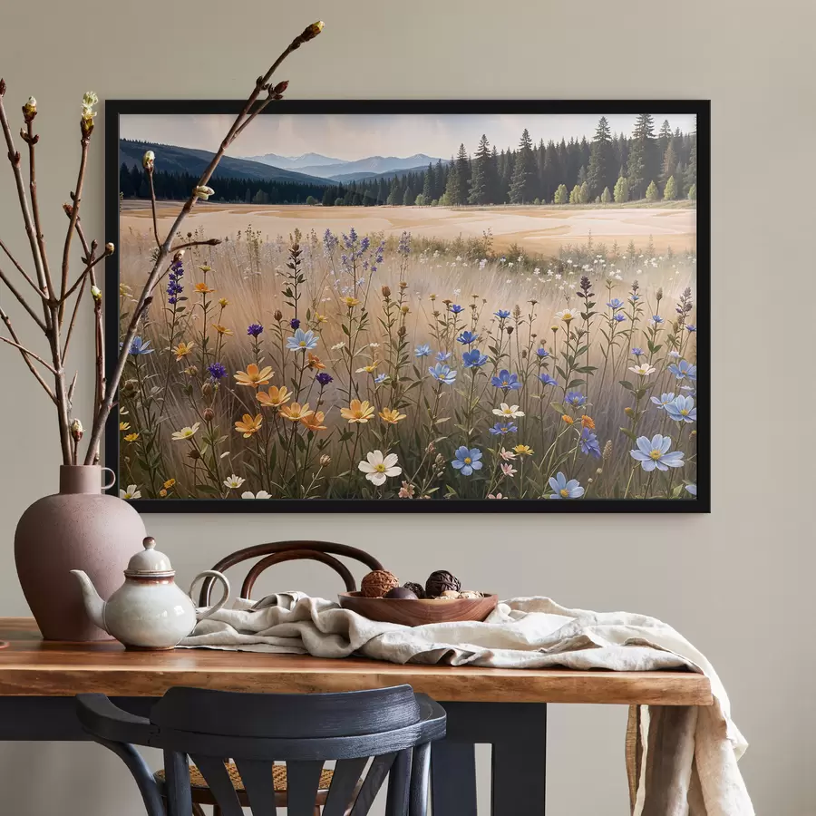 Fototapete Ein Feld mit bunten Wildblumen im Vordergrund, mit einem See und Bergen im Hintergrund f39502