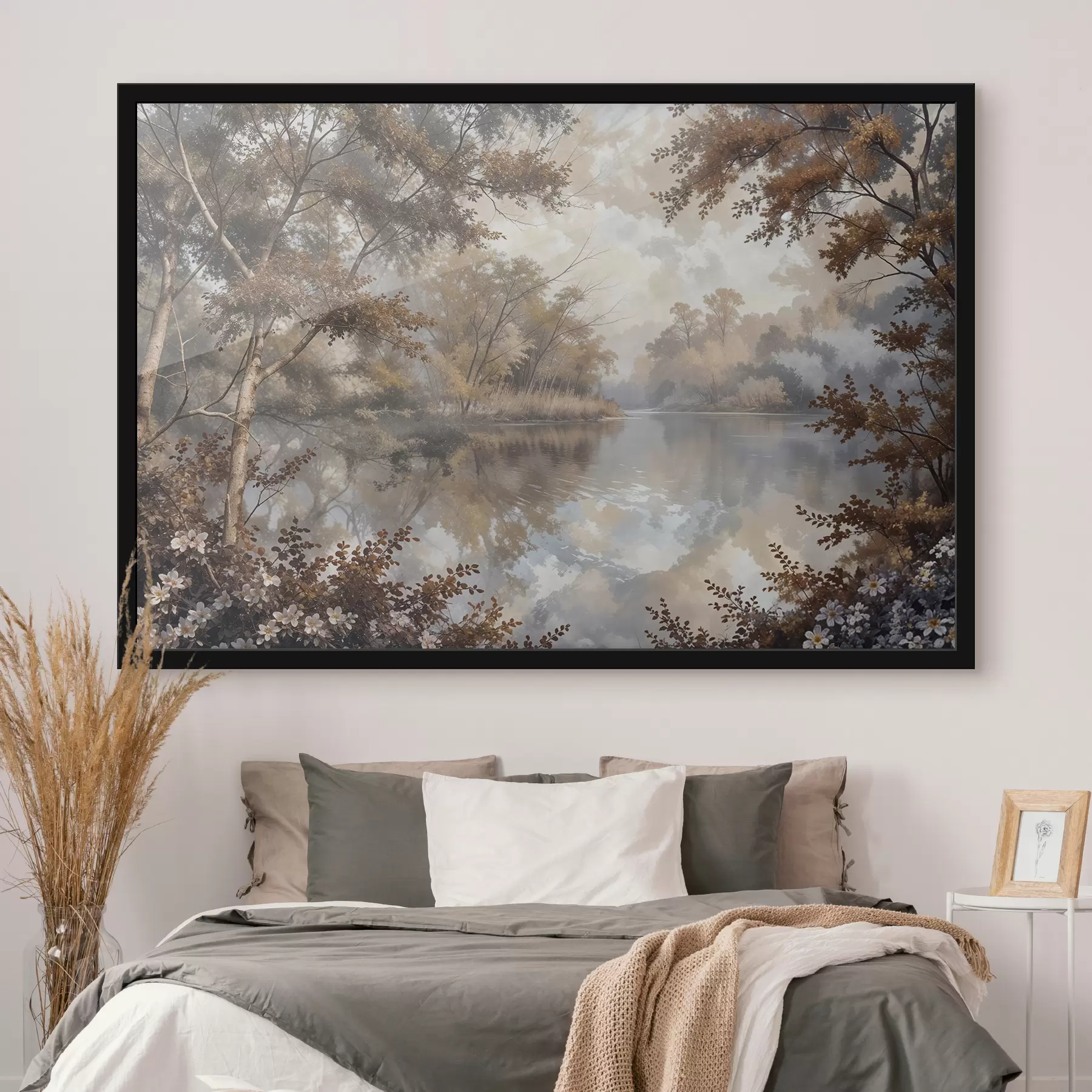 Fototapete Herbstlandschaft mit einem ruhigen See, umgeben von Bäumen mit leuchtend orangefarbenem und gelbem Laub f39511