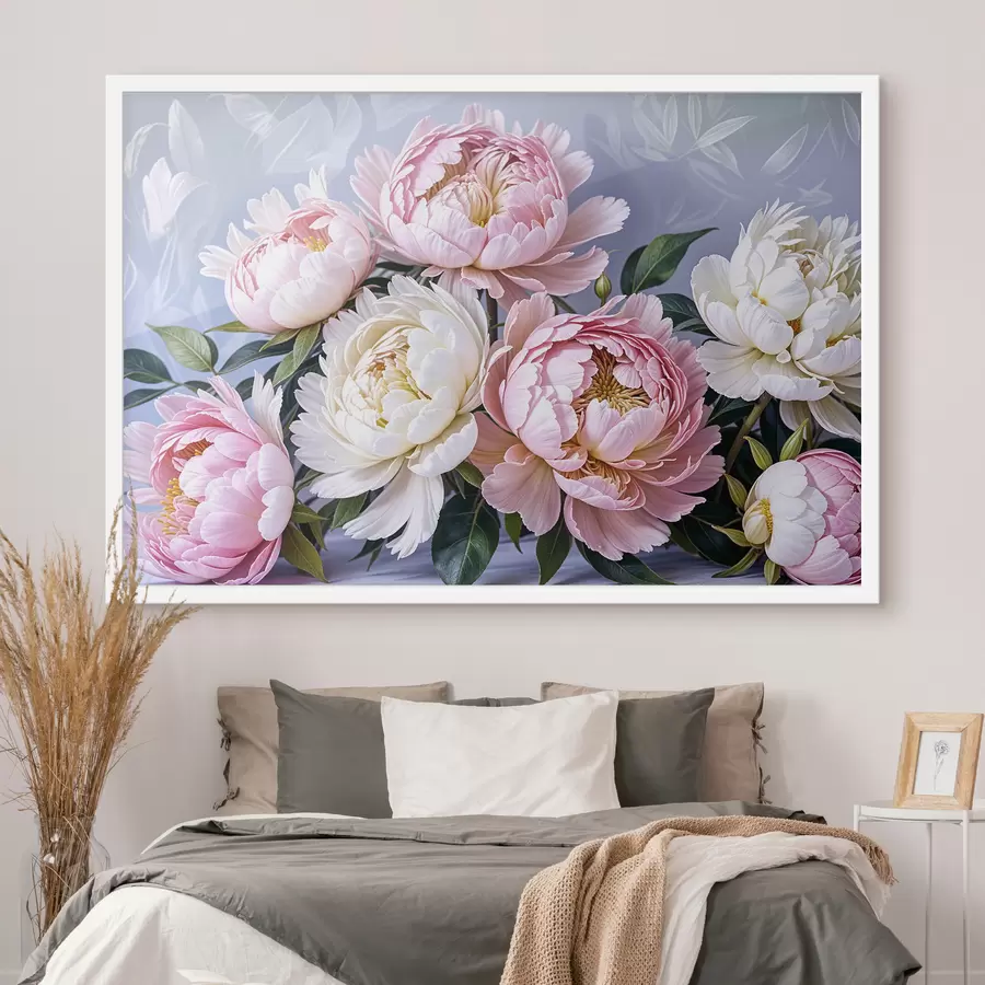 Fototapete Ein Strauß großer, üppiger rosa und weißer Pfingstrosenblüten mit grünen Blättern vor einem weichen, unscharfen Hintergrund f39514