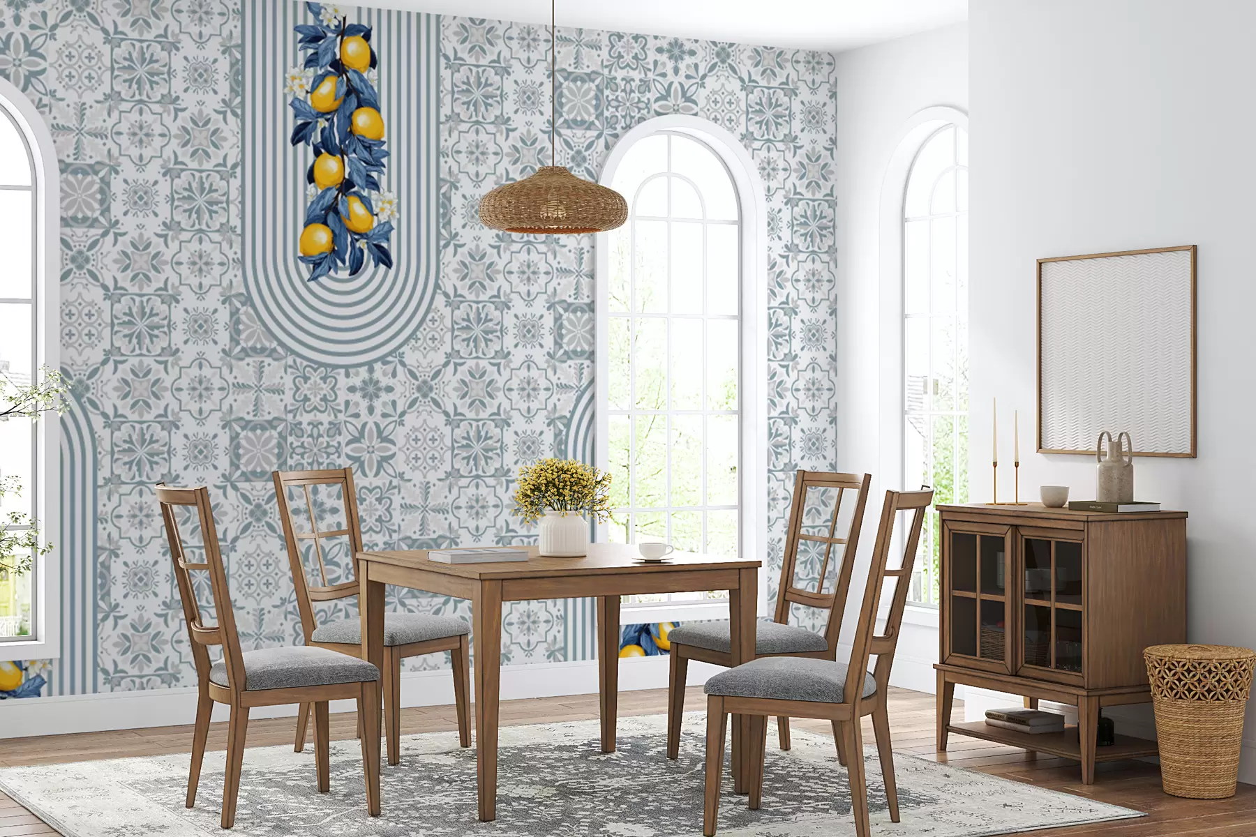 Fototapete sizilianisches Muster, blauer Aufdruck mit Zitronen. Italienisches blaues Keramikfliesenmuster. Mediterrane Porzellankeramik. Ethnische Volksornamente w08034