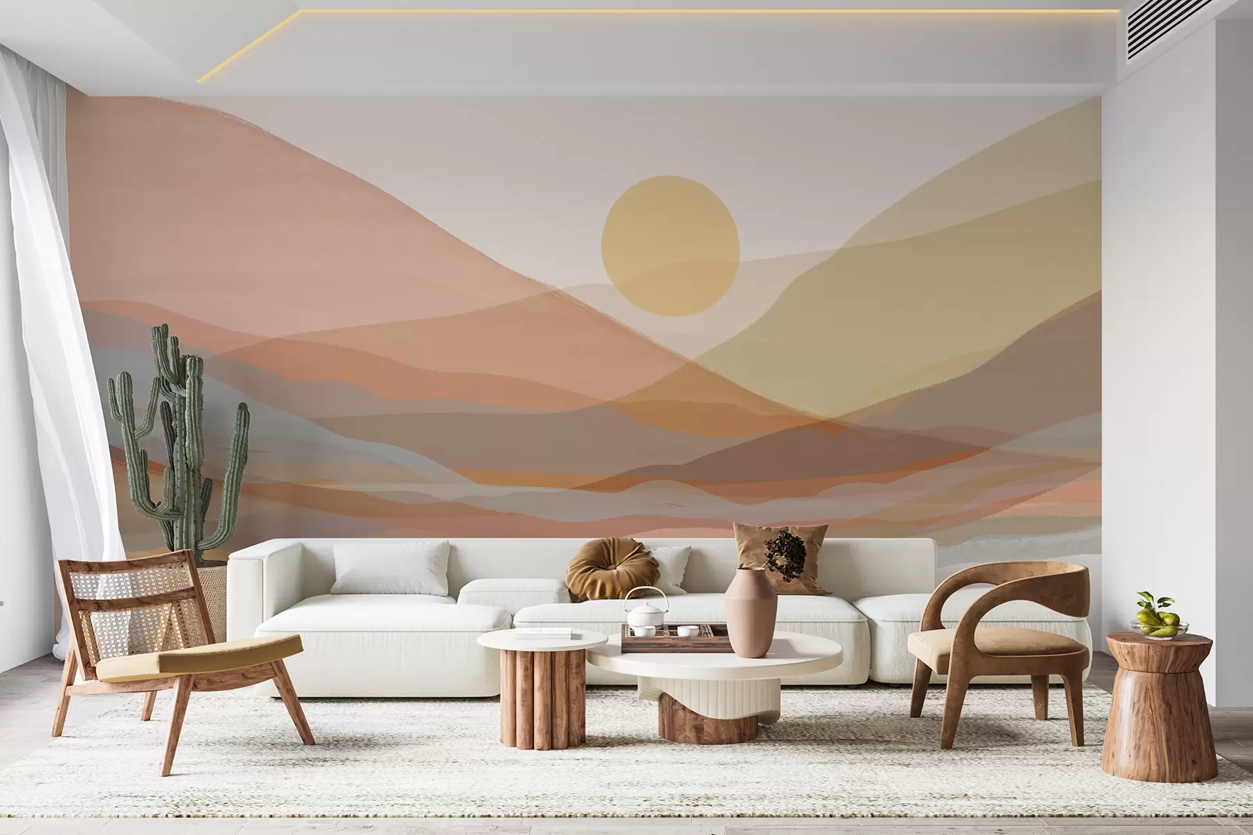 Fototapete Berglandschaft mit einer warmen Sonne am Himmel, sanften Hügeln in Orange-, Gelb- und Brauntönen w07976