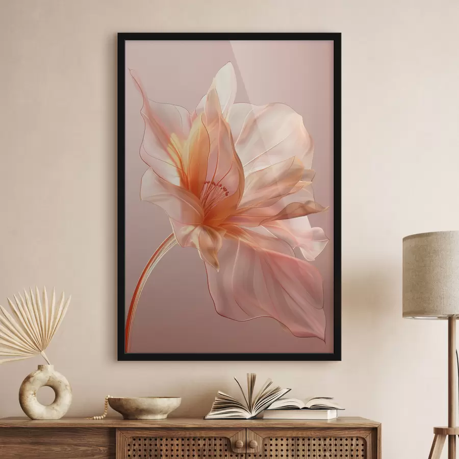 Fototapete Pfirsichfarbenes Blütenblatt auf rosa Hintergrund mit fließenden Linien, Minimalismus und feinen Details f39631