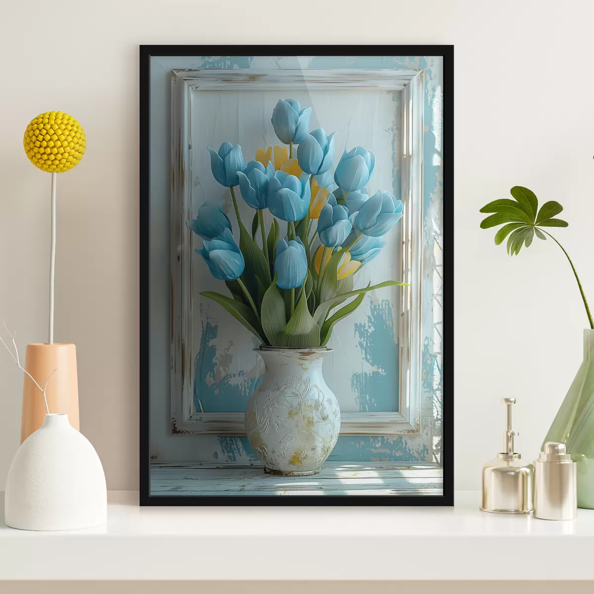 Poster Blaue und gelbe Tulpen in 3D: elegantes Wandbild mit weißem Rahmen, weißem und hellblauem Hintergrund und gravierter Vase f39636