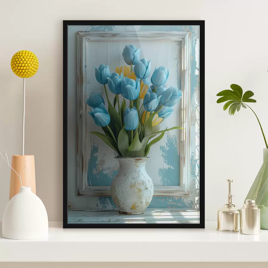 Fototapete Blaue und gelbe Tulpen in 3D: elegantes Wandbild mit weißem Rahmen, weißem und hellblauem Hintergrund und gravierter Vase f39636