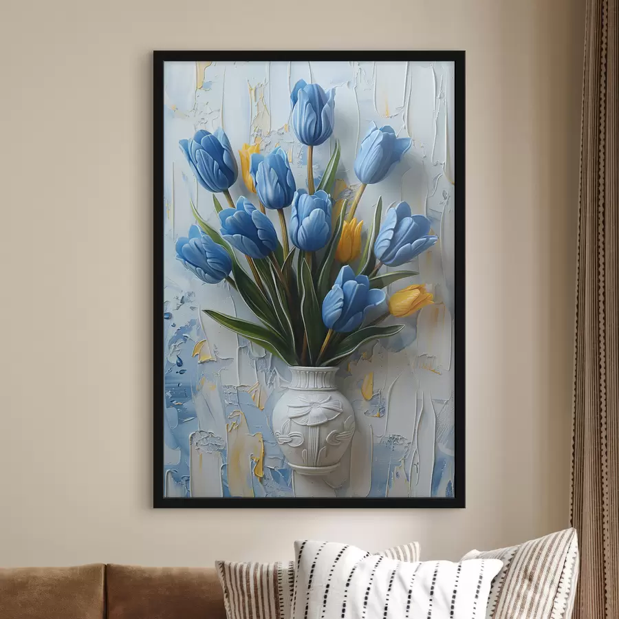 Fototapete Blaue und gelbe Tulpen in 3D: elegantes ölgemaltes Wandbild mit weißem und hellblauem Hintergrund und gravierter Vase f39637