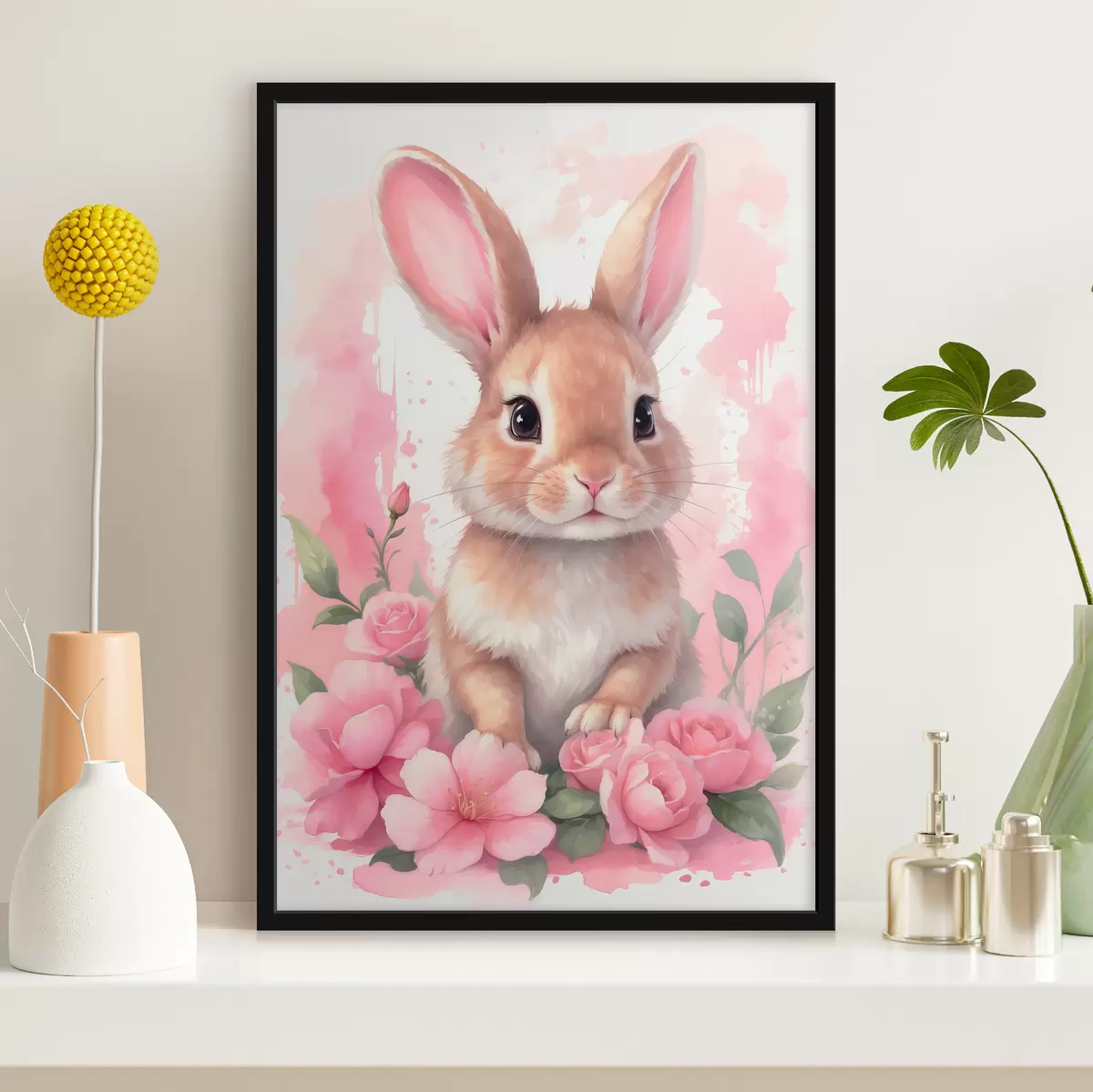 Poster Niedlicher Hase in rosa Blumen f39559