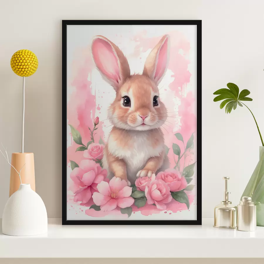 Fototapete Niedlicher Hase in rosa Blumen f39559