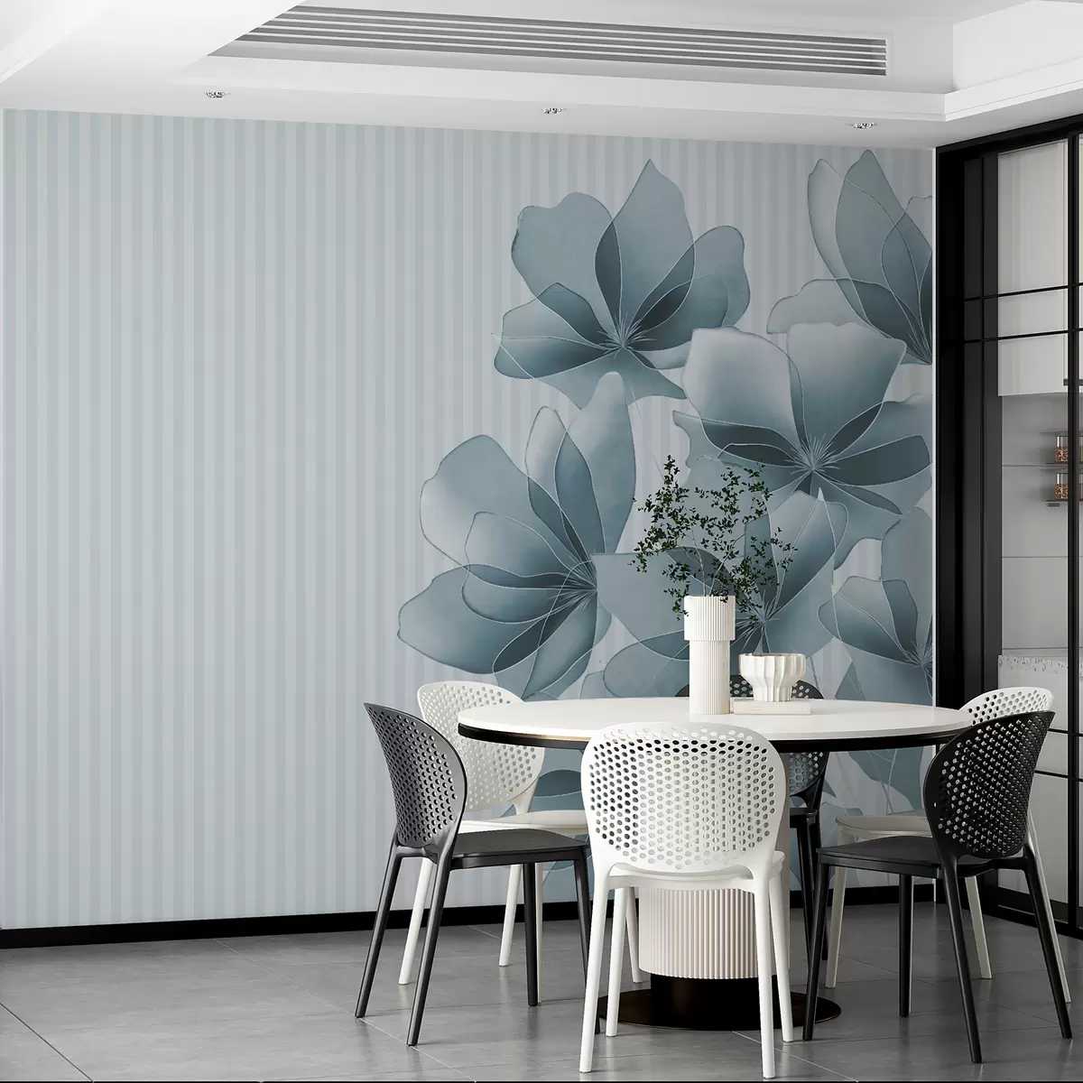 Fototapete zarte blaue Blüten auf gestreiftem Hintergrund w08040