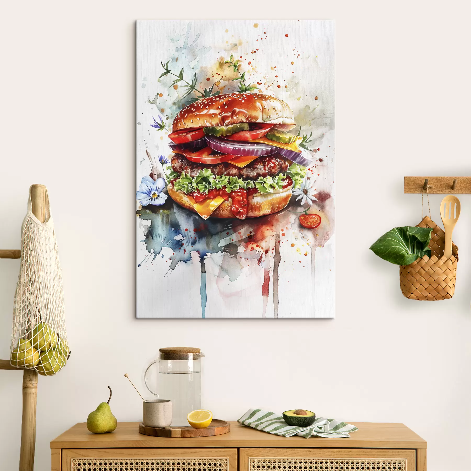 Wandbilder Leckerer Burger mit Fleisch, Blumen, Aquarell, Food Art s39699
