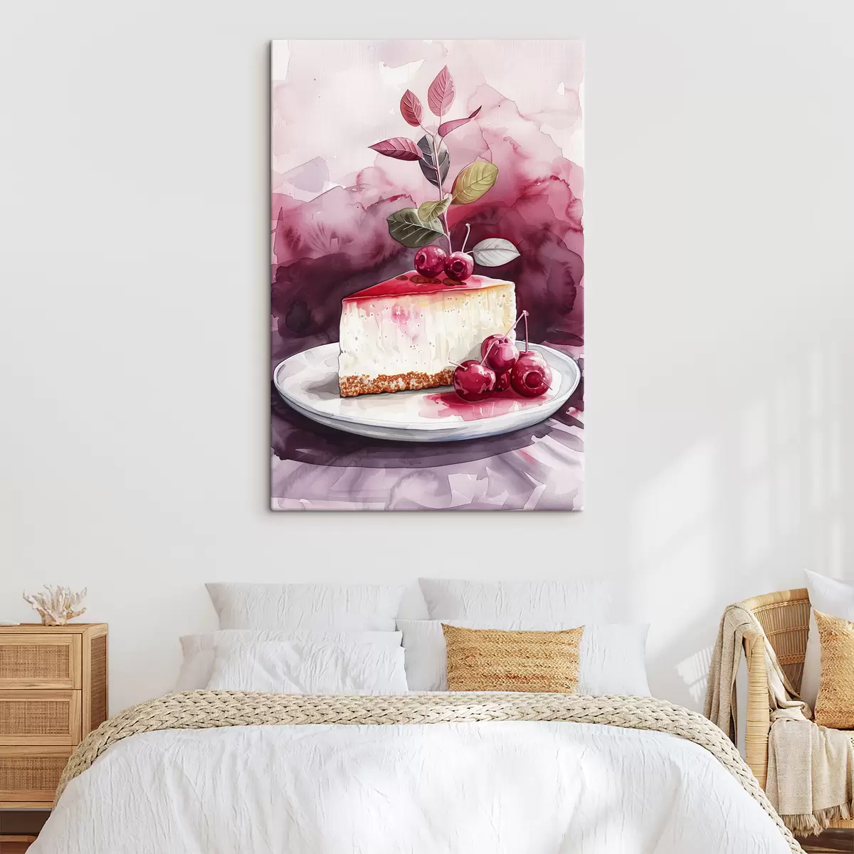 Wandbilder Aquarell-Käsekuchen mit Kirschen, elegante Lebensmittelkunst, rote und violette Farben s39700