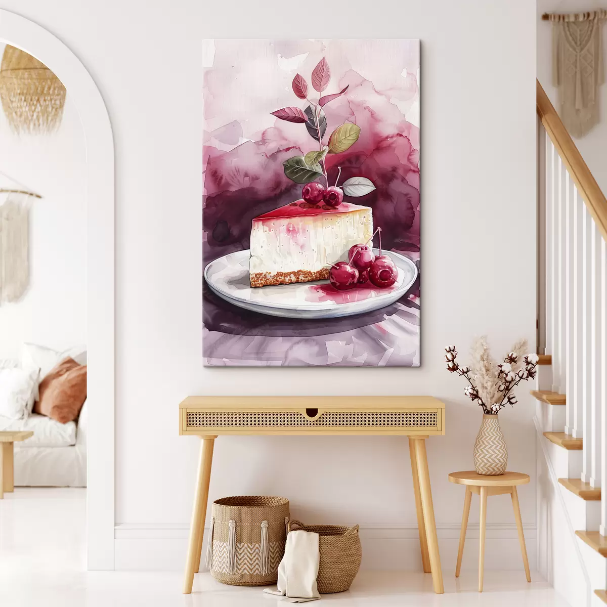 Wandbilder Aquarell-Käsekuchen mit Kirschen, elegante Lebensmittelkunst, rote und violette Farben s39700
