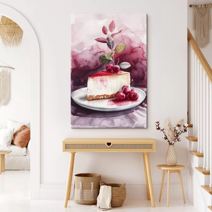 Wandbilder Aquarell-Käsekuchen mit Kirschen, elegante Lebensmittelkunst, rote und violette Farben s39700