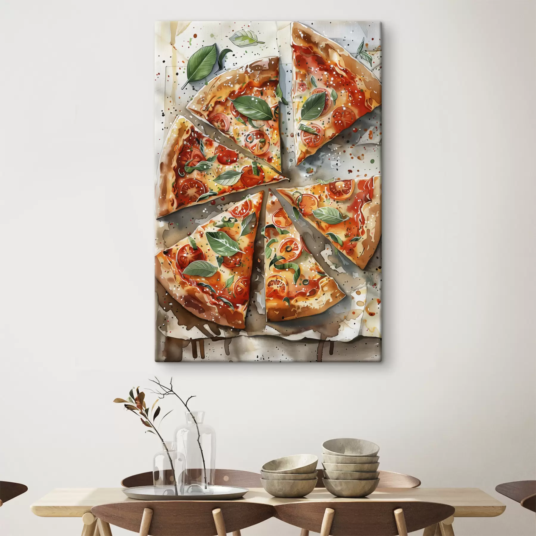 Fototapete Leckere italienische Pizza, Aquarell-Food-Art, Margarita, Tomaten s39703