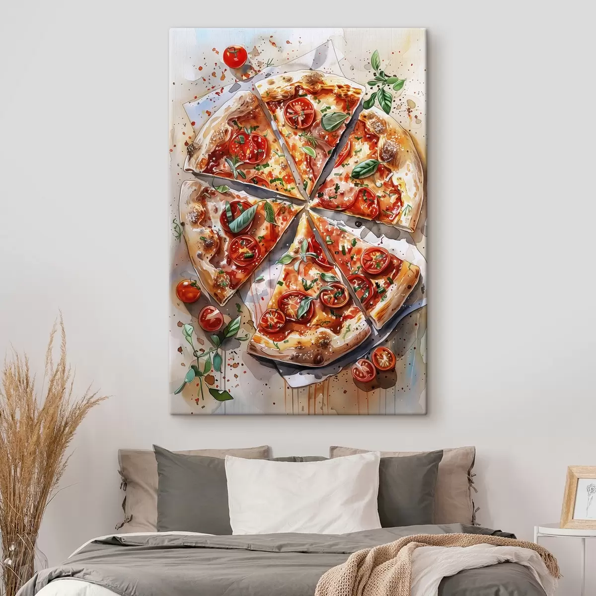 Wandbilder Aquarellpizza, lecker, Tomaten und Käse, Lebensmittelkunst, Holztisch s39704