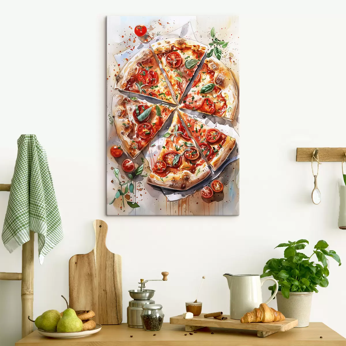 Wandbilder Aquarellpizza, lecker, Tomaten und Käse, Lebensmittelkunst, Holztisch s39704
