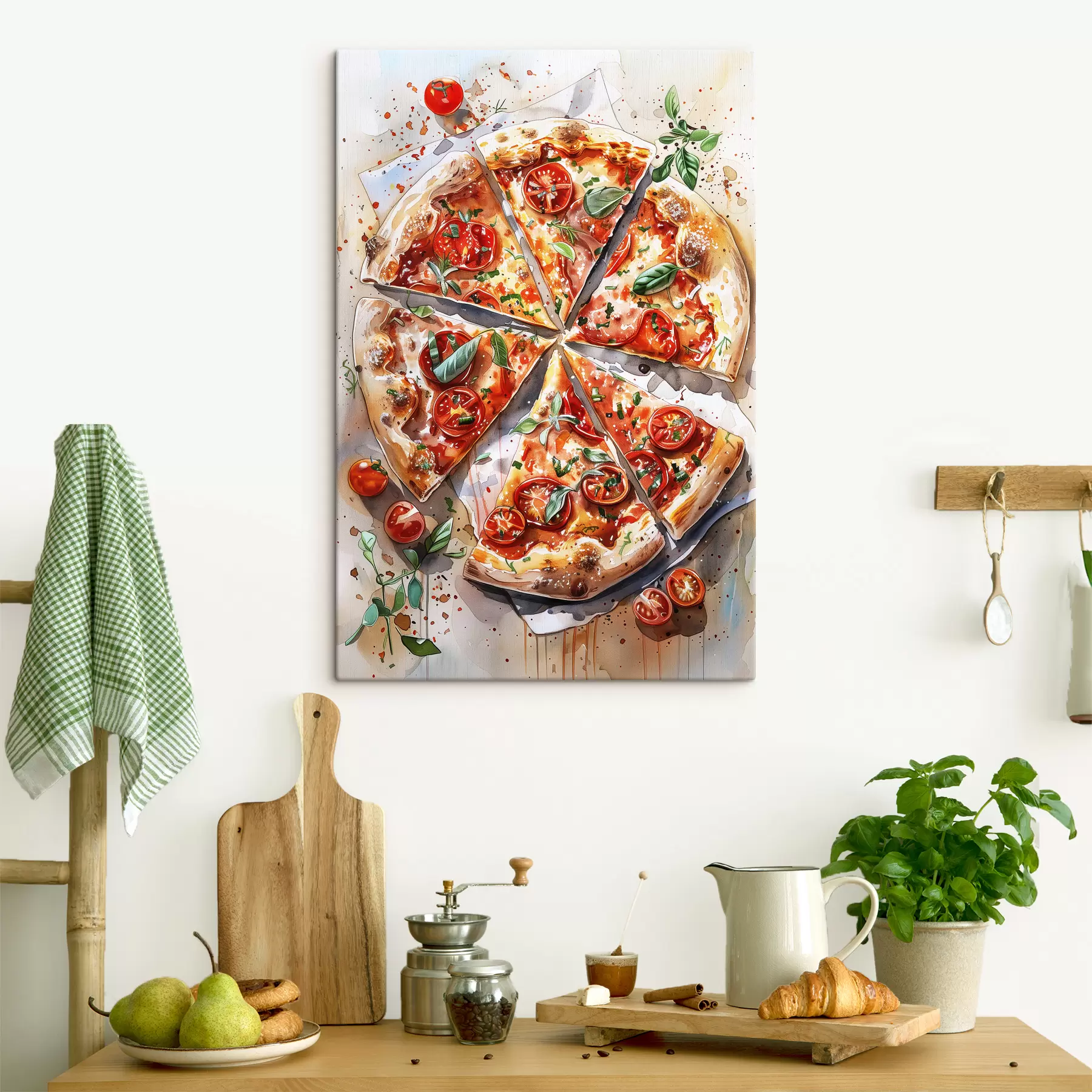 Wandbilder Aquarellpizza, lecker, Tomaten und Käse, Lebensmittelkunst, Holztisch s39704