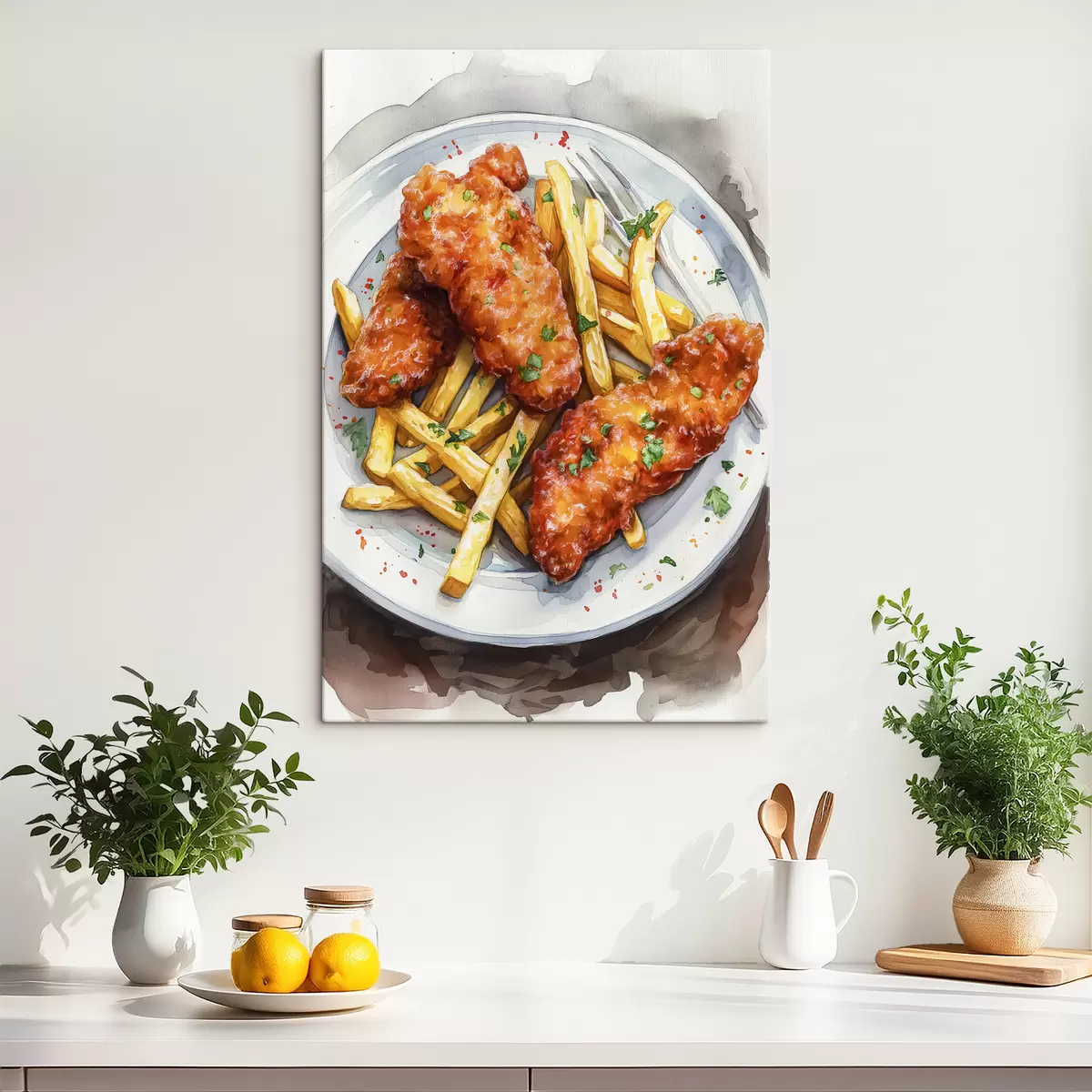Wandbilder Aquarell-Food-Art, Pommes Frites mit gebratenem Huhn, köstlich s39708