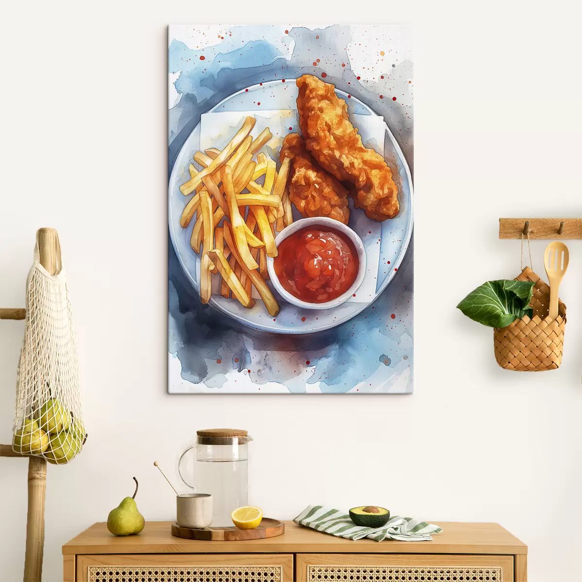 Wandbilder Aquarell Street Food, Pommes Frites mit gebratenem Huhn, lecker s39709