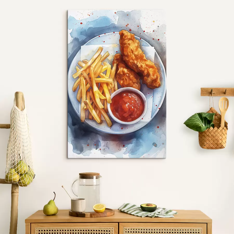 Wandbilder Aquarell Street Food, Pommes Frites mit gebratenem Huhn, lecker s39709