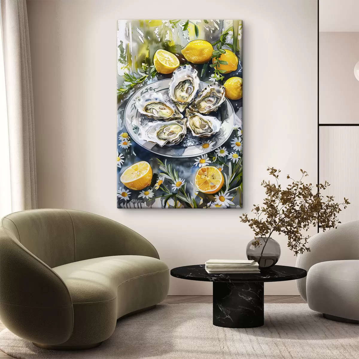 Wandbilder Elegante Austern auf dem Teller, Zitronen und Blumen, Sommerfarben, mediterran s39710