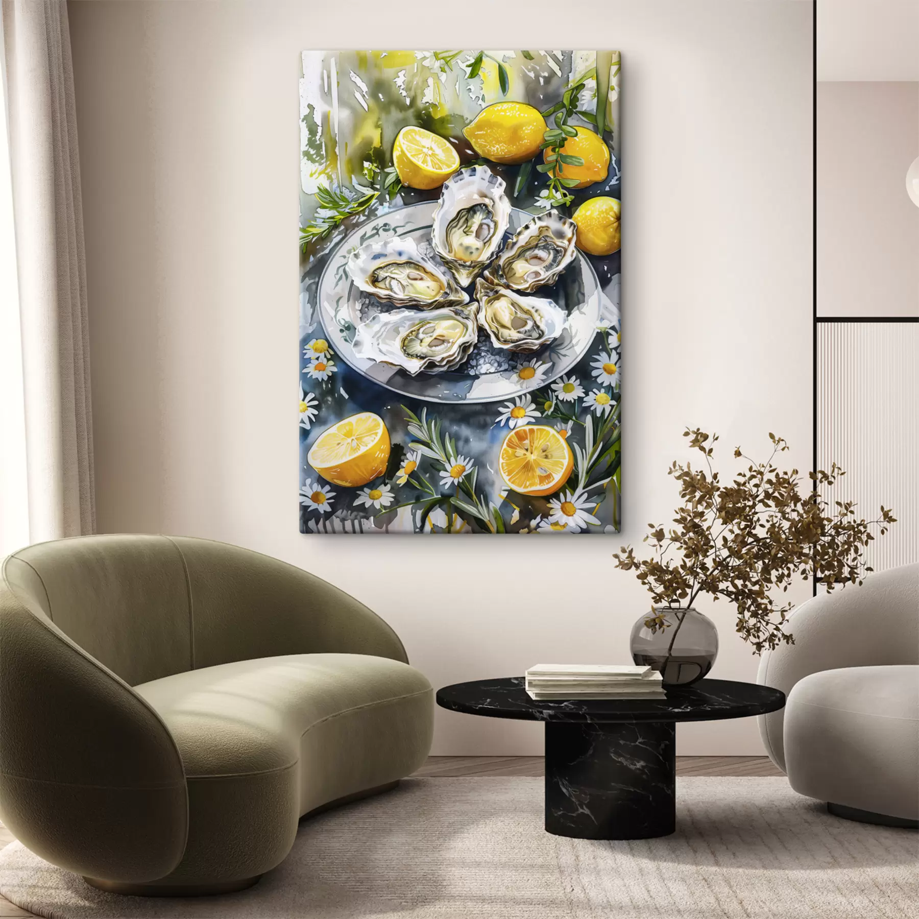 Fototapete Elegante Austern auf dem Teller, Zitronen und Blumen, Sommerfarben, mediterran s39710