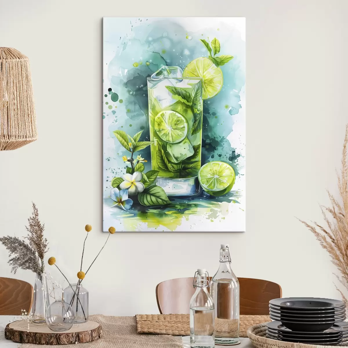 Wandbilder Aquarell Sommercocktail, Mojito, Limette und Minze, Blumen, grüne Farben s39712