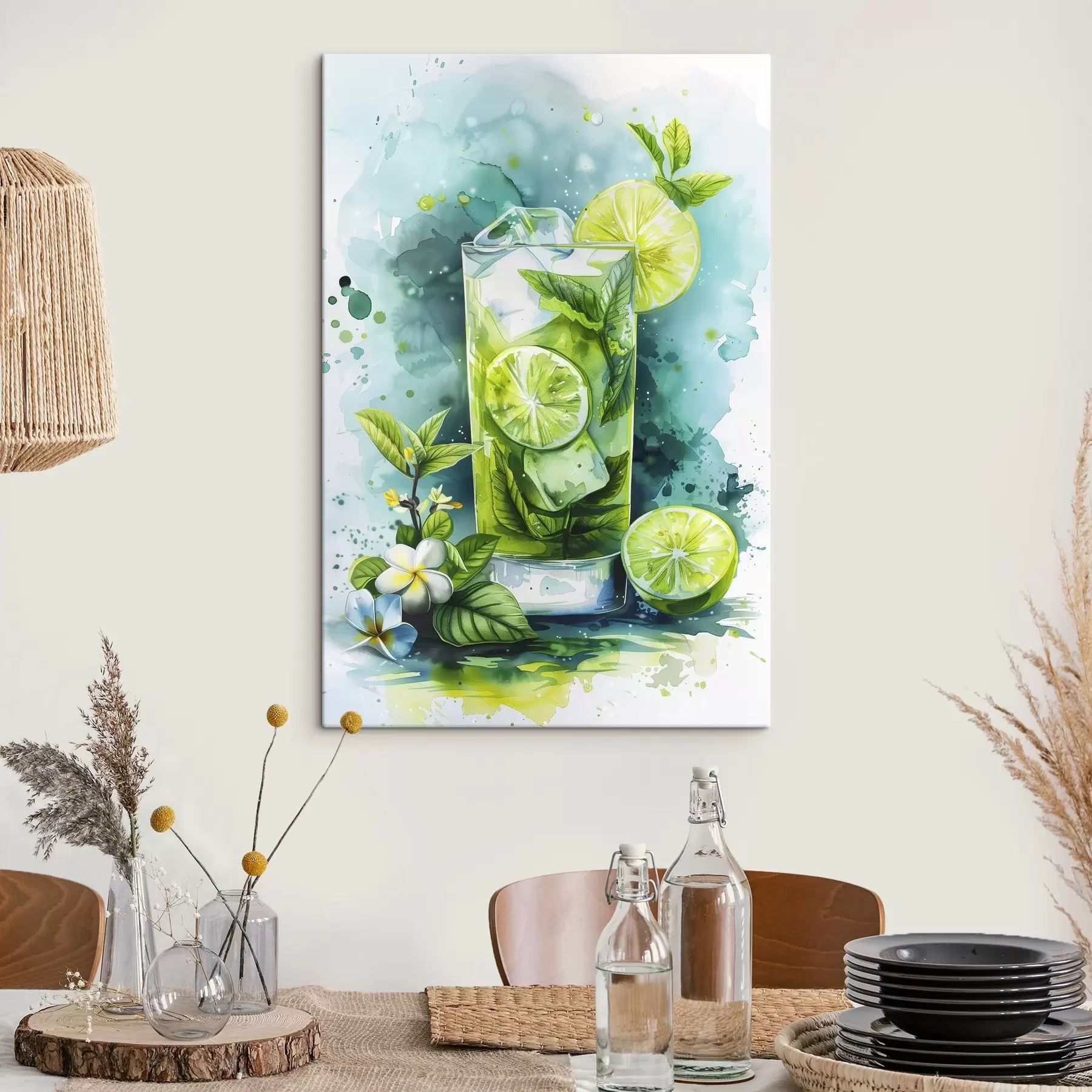 Wandbilder Aquarell Sommercocktail, Mojito, Limette und Minze, Blumen, grüne Farben s39712