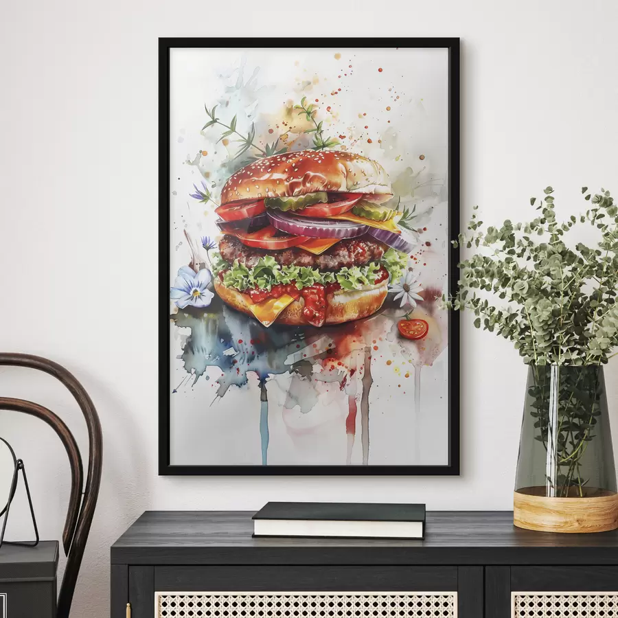 Fototapete Leckerer Burger mit Fleisch, Blumen, Aquarell, Food Art f39699