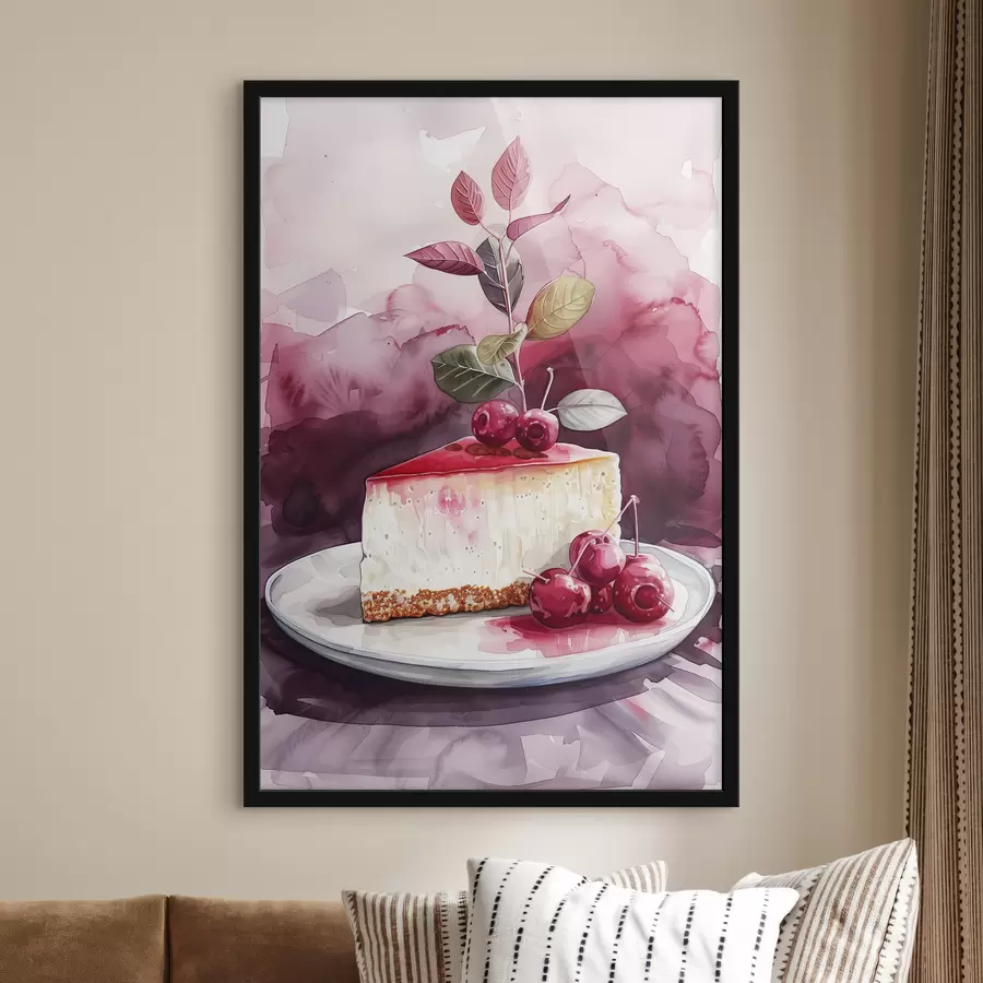 Fototapete Aquarell-Käsekuchen mit Kirschen, elegante Lebensmittelkunst, rote und violette Farben f39700