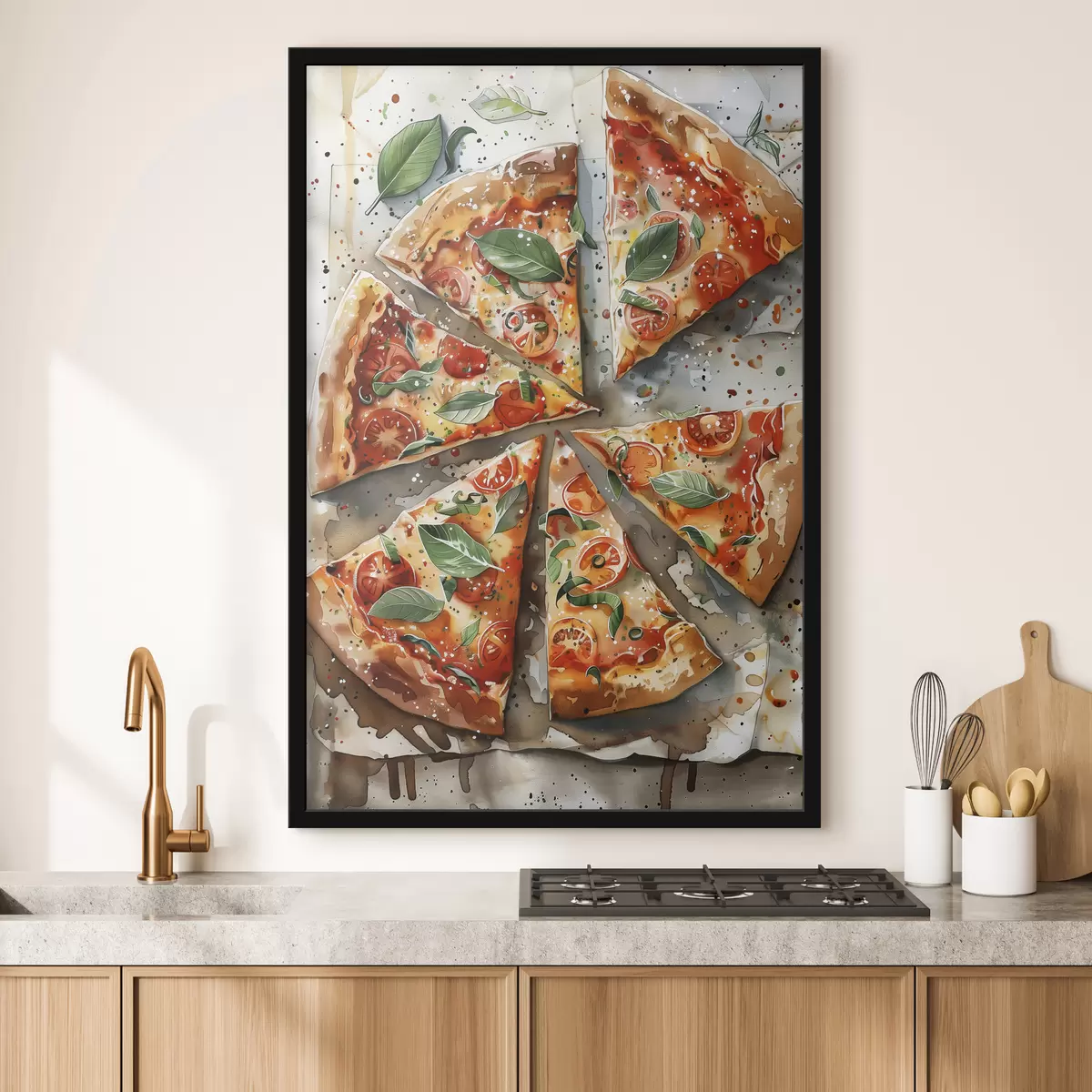 Poster Leckere italienische Pizza, Aquarell-Food-Art, Margarita, Tomaten f39703