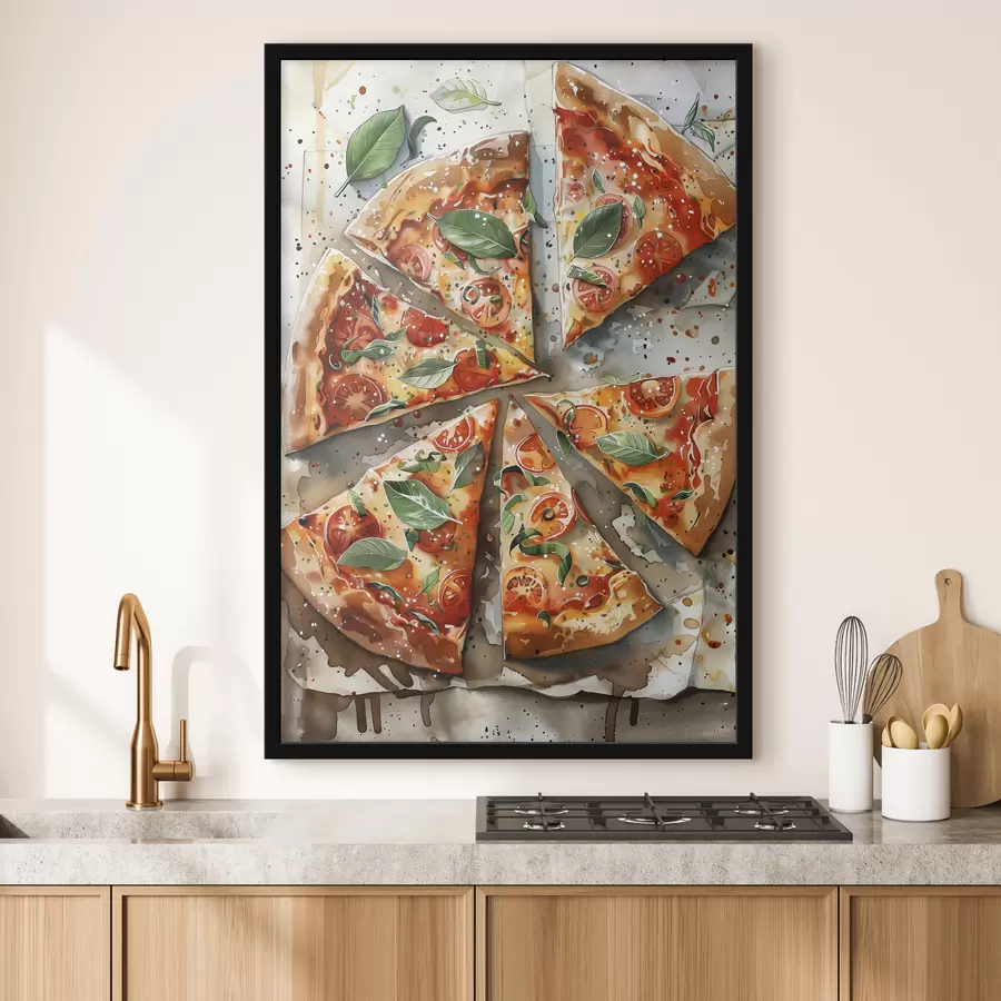 Fototapete Leckere italienische Pizza, Aquarell-Food-Art, Margarita, Tomaten f39703