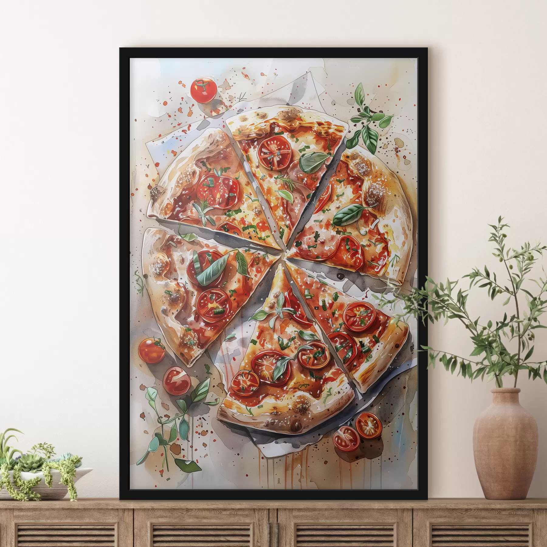 Wandbilder Aquarellpizza, lecker, Tomaten und Käse, Lebensmittelkunst, Holztisch f39704