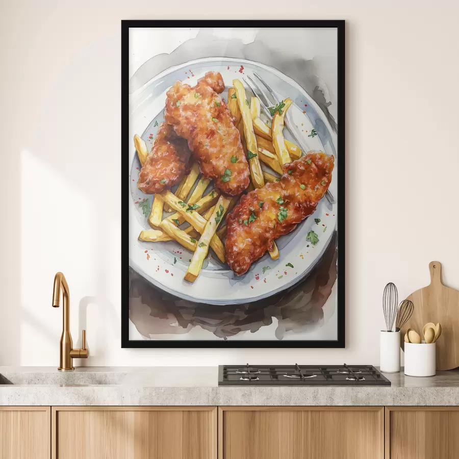 Fototapete Aquarell-Food-Art, Pommes Frites mit gebratenem Huhn, köstlich f39708