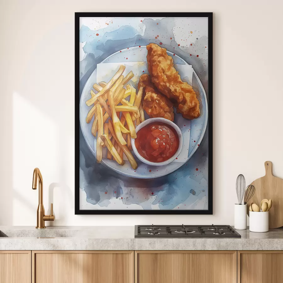 Fototapete Aquarell Street Food, Pommes Frites mit gebratenem Huhn, lecker f39709