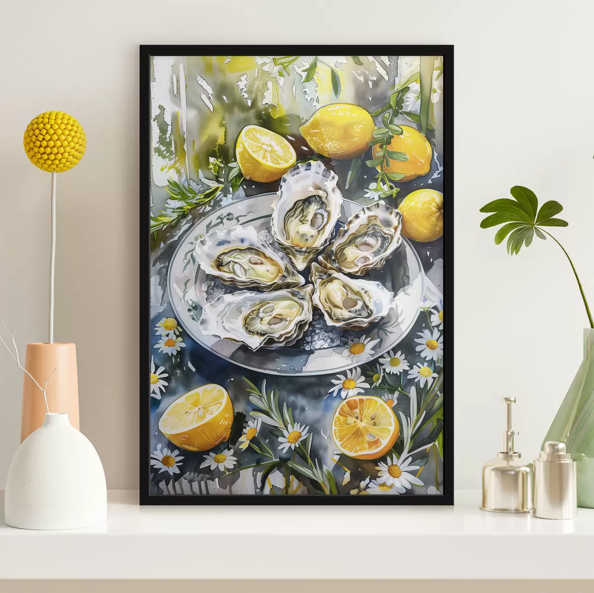 Poster Elegante Austern auf dem Teller, Zitronen und Blumen, Sommerfarben, mediterran f39710