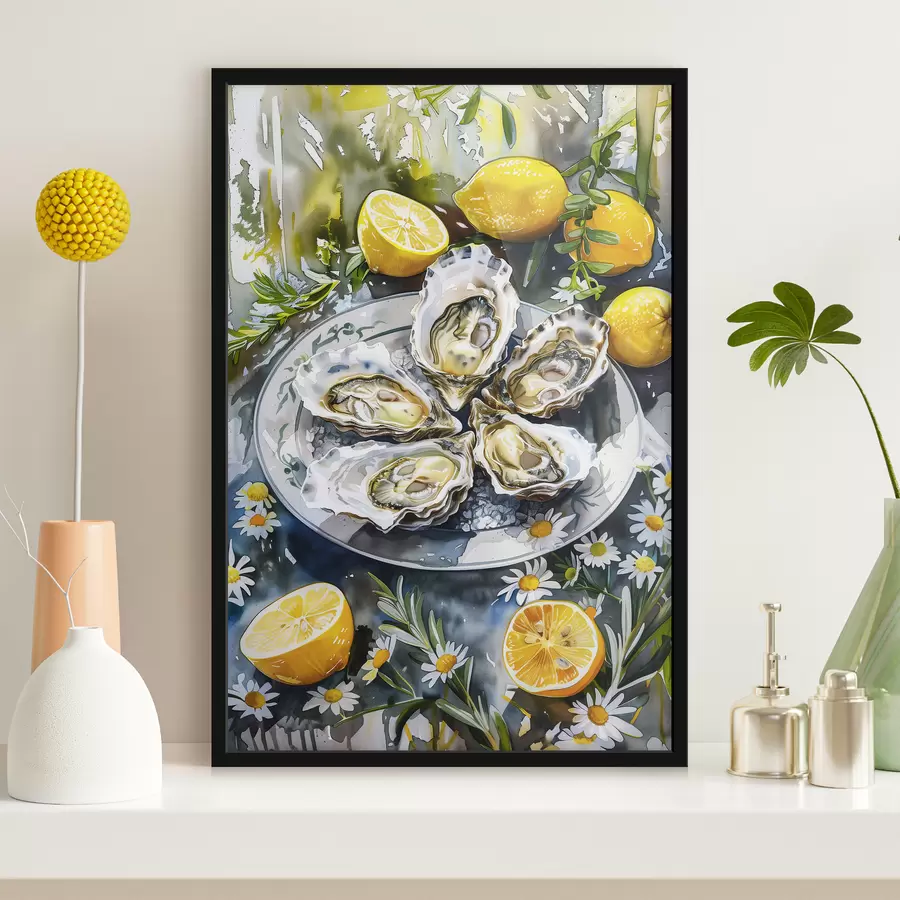 Fototapete Elegante Austern auf dem Teller, Zitronen und Blumen, Sommerfarben, mediterran f39710