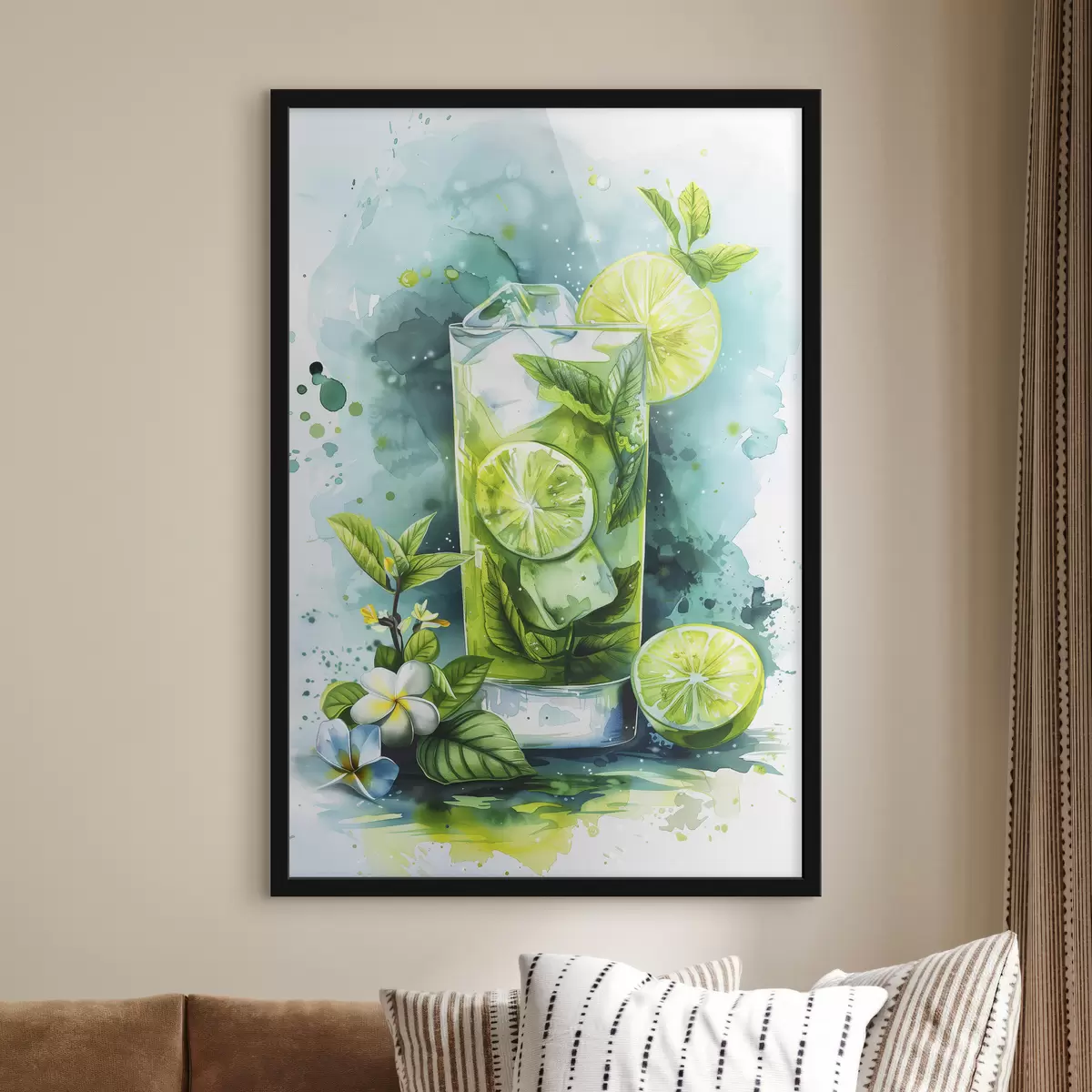 Poster Aquarell Sommercocktail, Mojito, Limette und Minze, Blumen, grüne Farben f39712