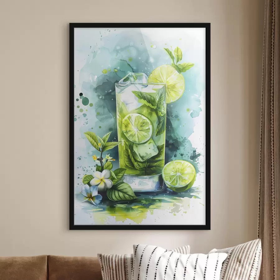 Fototapete Aquarell Sommercocktail, Mojito, Limette und Minze, Blumen, grüne Farben f39712