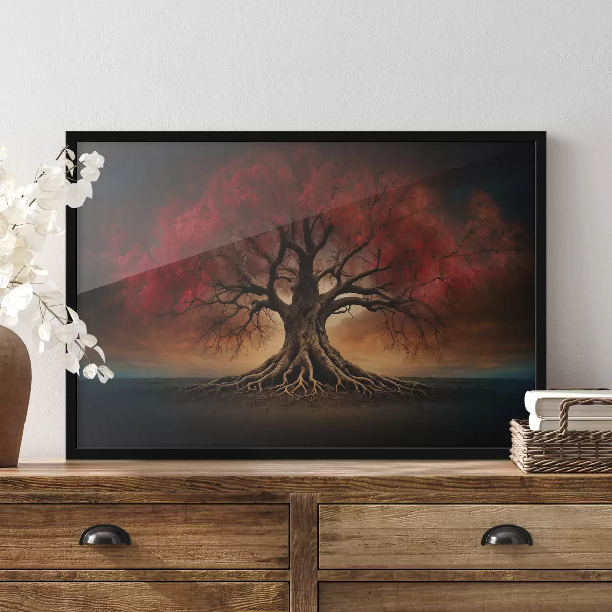 Poster Verwurzelter Baum mitten im leeren Feld f39614