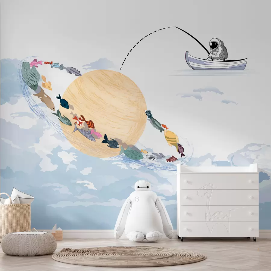 Wandbilder Astronaut Mond und Fisch in blau w00869