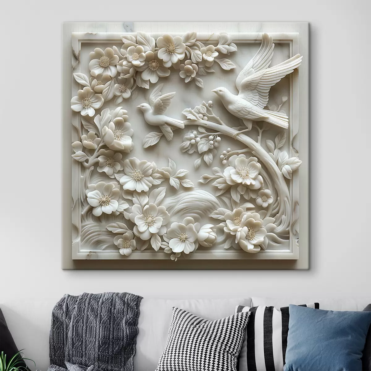 Wandbilder Weißer Marmorgarten mit Flachrelief von Vögeln und Blumen s39728