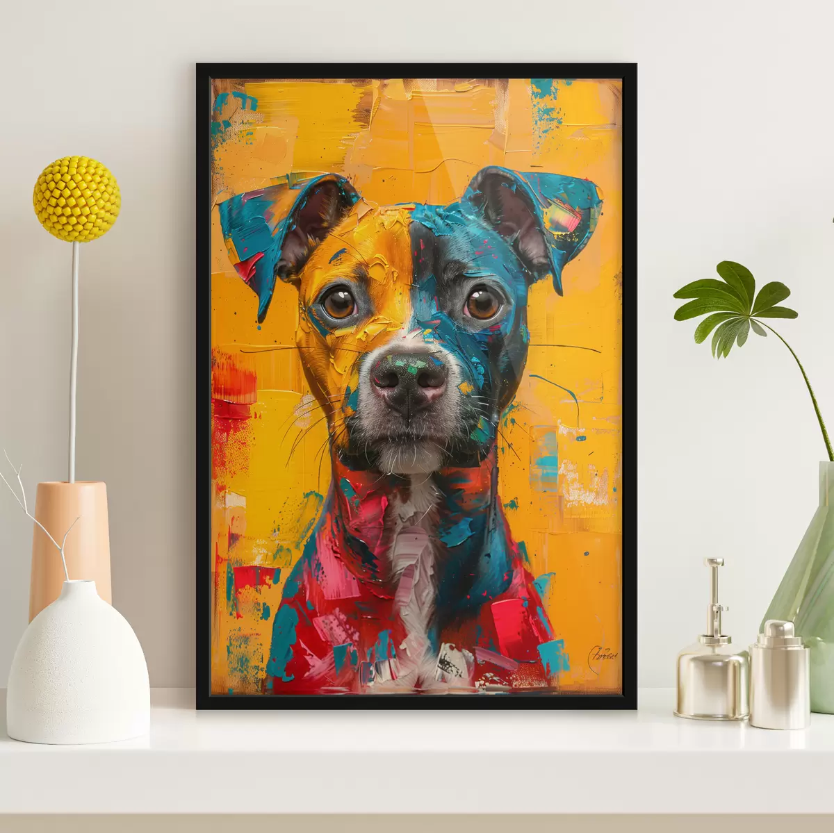 Poster Porträt eines Pitbull mit gelben und blauen Ölpinselstrichen f39722